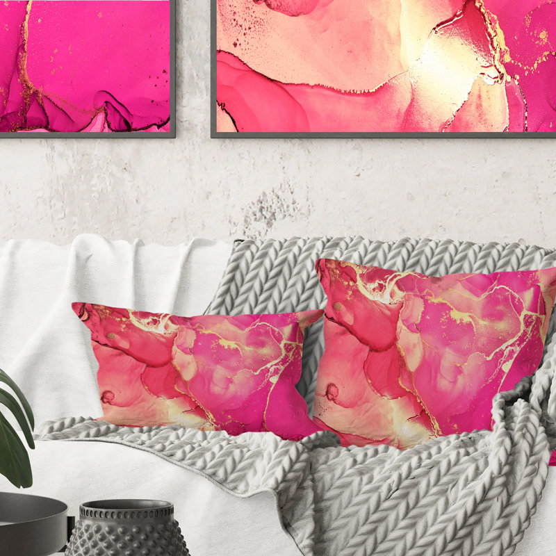 Coussin rose et or fuchia liquide Art II - imprimé moderne, 18 po x 18 po
