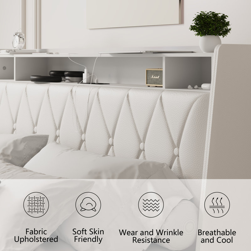 Base de lit plateforme grand format avec tête de lit ergonomique, ports de chargement USB et tablette de rangement - blanc