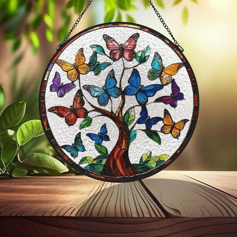 Papillons sur des panneaux de vitrail arbre de vie Suncatcher pour décor de fenêtre, 9,8 x 9,8 po (25 x 25 cm)