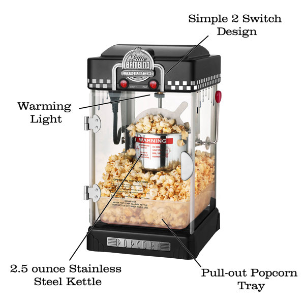 Great Northern 2.5 oz. Pop Pup Black Countertop Popcorn Machine with Measuring Spoon, Scoop, and 25-Serving Bags