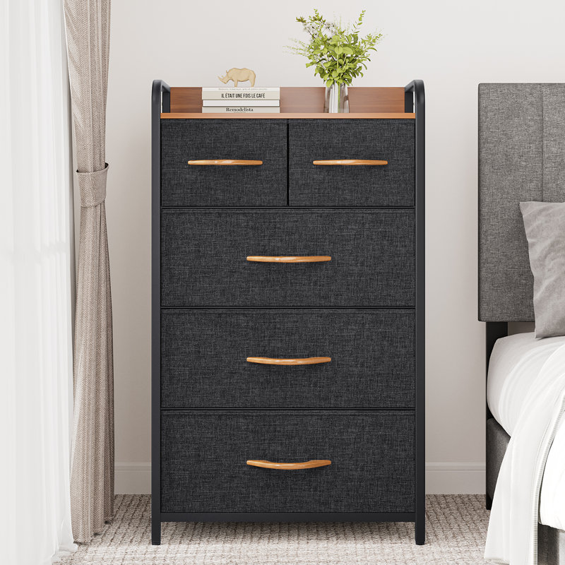 Vinyette 5-Drawer Chest of Drawers，57.9Cm W Bedroom Drawers, Dark Grey/Black