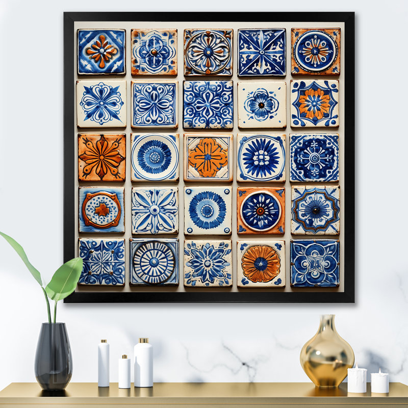 Boho Turkish Blue Tiles 1 - Boho Tiles, art mural, Noir, H 36 po x l 36 po
