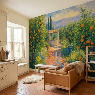 Papier peint mural représentant un verger méditerranéen, des orangers et un sentier de jardin ensoleillé.