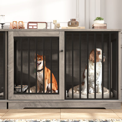 47.2''W Sturdy Large Dog Crate Furniture with 2 Feeding Bowls