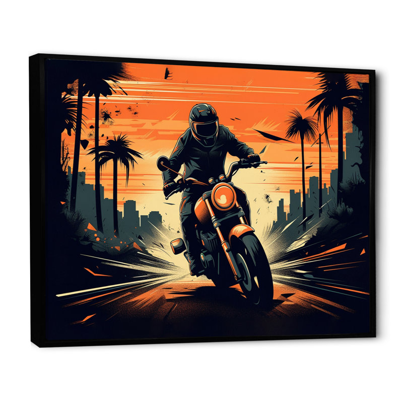 Motocyclette rugissant sur le boulevard IV - impressions sur toile, H 30 po x l 40 po, Cadre flottant noir