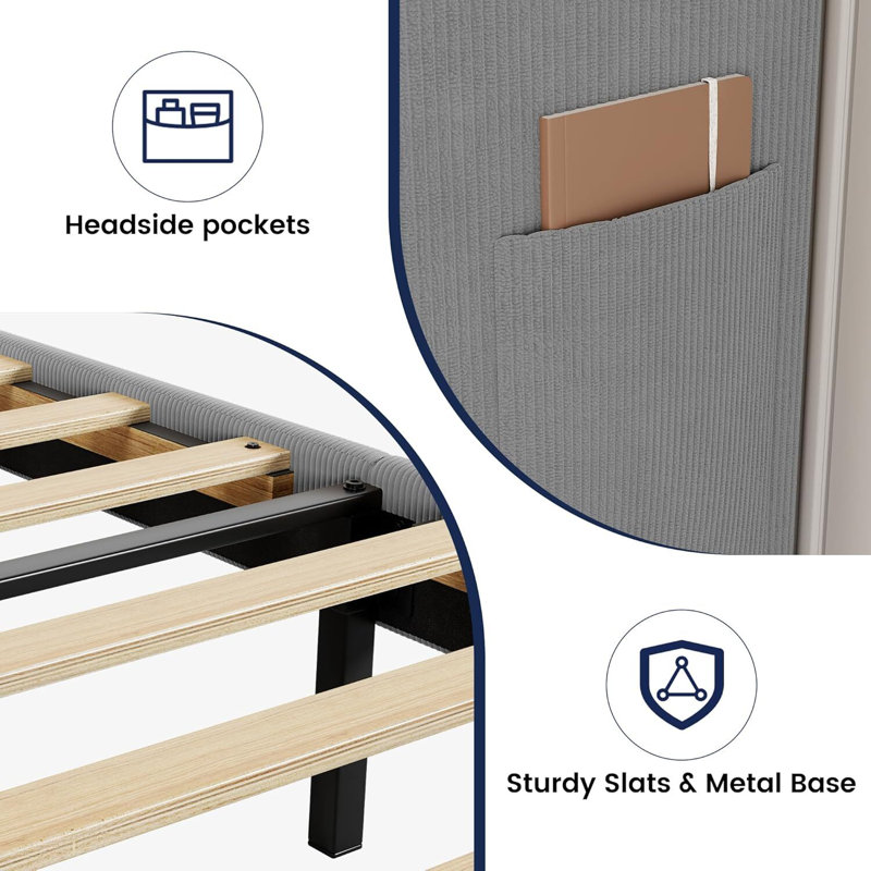Platform Bed Frame With Upholstered Wingback Headboard, No Box Spring Needed, Queen, Grey