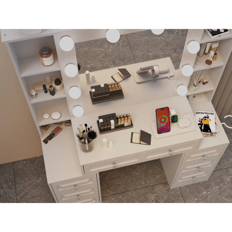 Vanity Desk With With Mirror And Lights,Makeup Vanity Table With Glass Top And  Drawers&Cushioned Stool,Dressing Table With Drawers, Bedroom Makeup Table For Women (White-Glass Top)