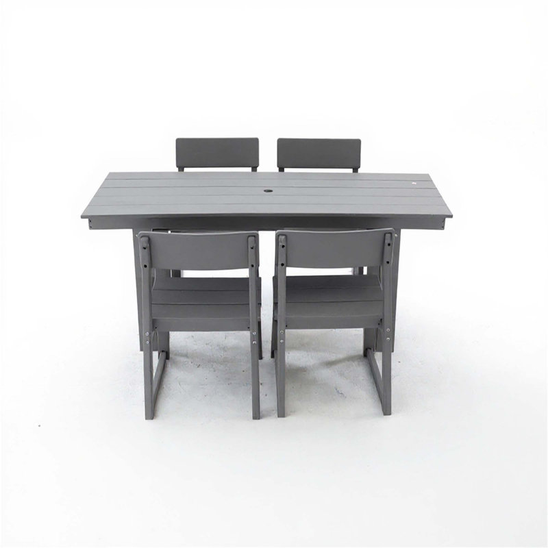 5-Piece Gray HDPE Outdoor Dining Set – All-Weather 69" Rectangular Patio Table With Umbrella Hole & 4 Armless Chairs For Backyard/Poolside