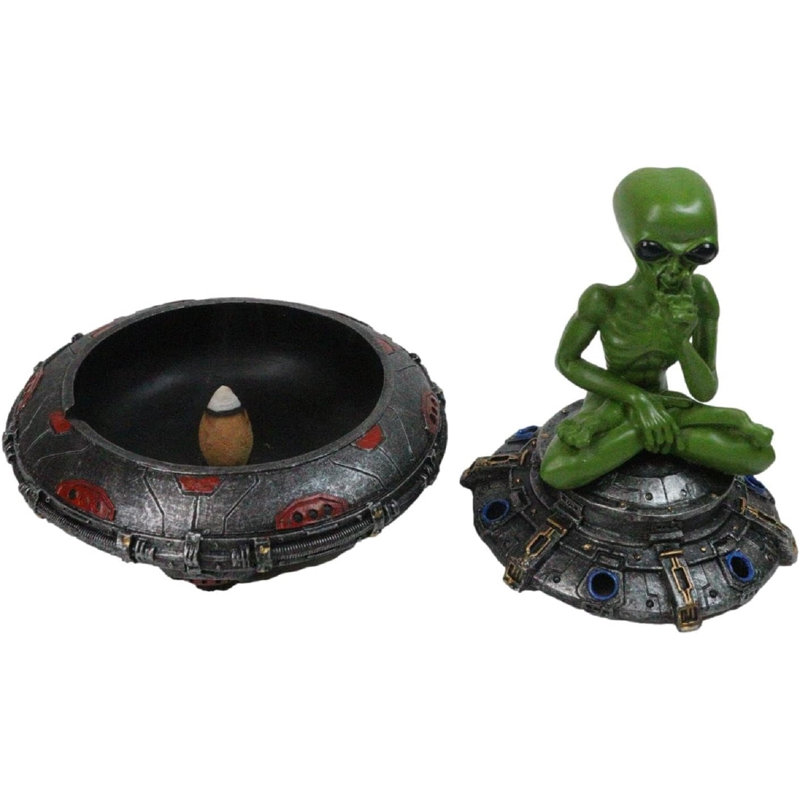 Figurine décorative de brûleur d'encens Alien On Spaceship Saucer Green
