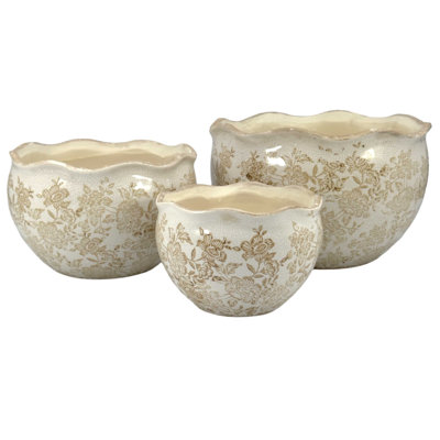 Set of 3 - 7"/9.6"/11" Rustic Vintage Ceramic Planter Pots - Brown