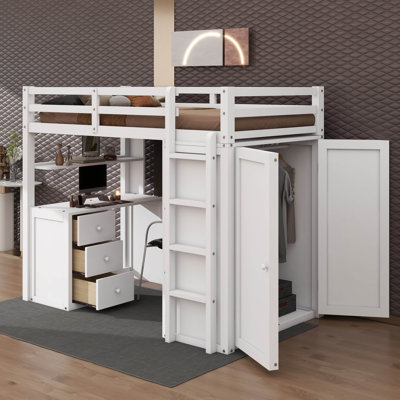 Lit mezzanine simple avec tiroirs intégrés, bureau et garde-robe