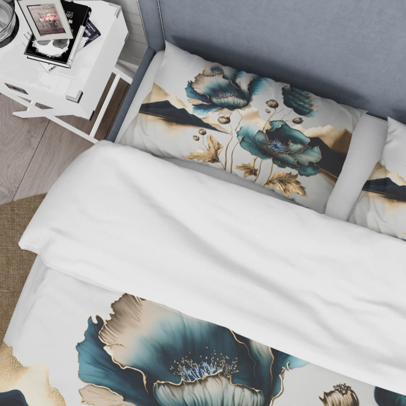 Ensemble de housse de couette dorée et bleue à motif de coquelicots floraux Euphoria