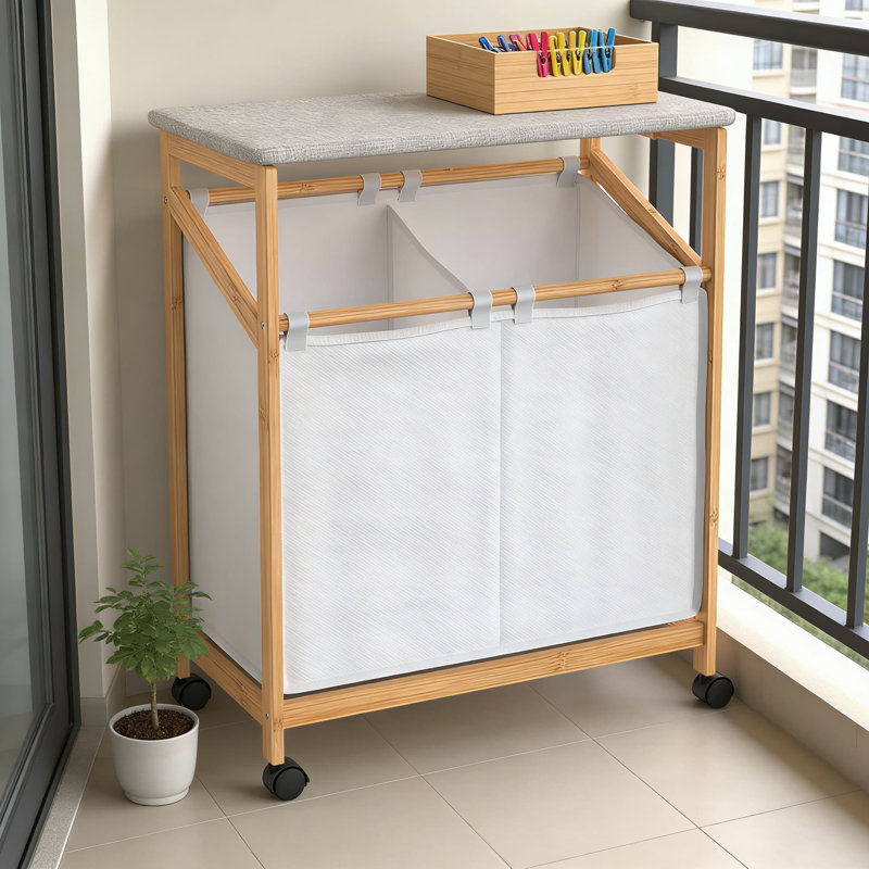 Bamboo Laundry Hamper Cart With Ironing Board And Folding Station, Dual Compartment Sorter With Removable Bags, Portable Rolling Laundry Organizer