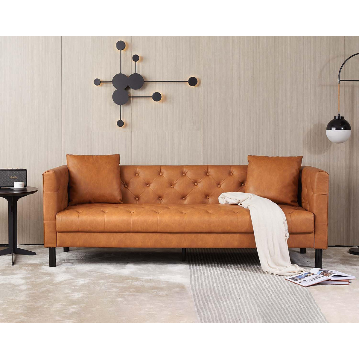 3 Seater Sofa With Tufted Back, Grain Leather Couch With Feather, Vintage Faux Leather