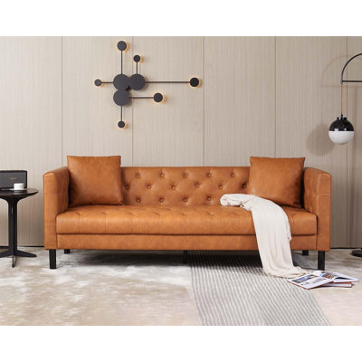 3 Seater Sofa With Tufted Back, Grain Leather Couch With Feather, Vintage Faux Leather by Latitude Run