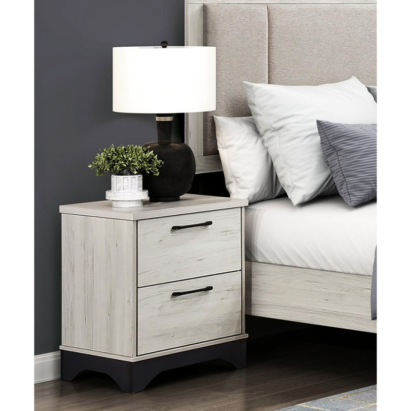 Table de chevet 2 tons moderne en chêne blanc et gris pour la chambre à coucher, glissière à roulement lisse, poignées noires, table de chevet contemporaine pré-assemblée, tiroirs, décor