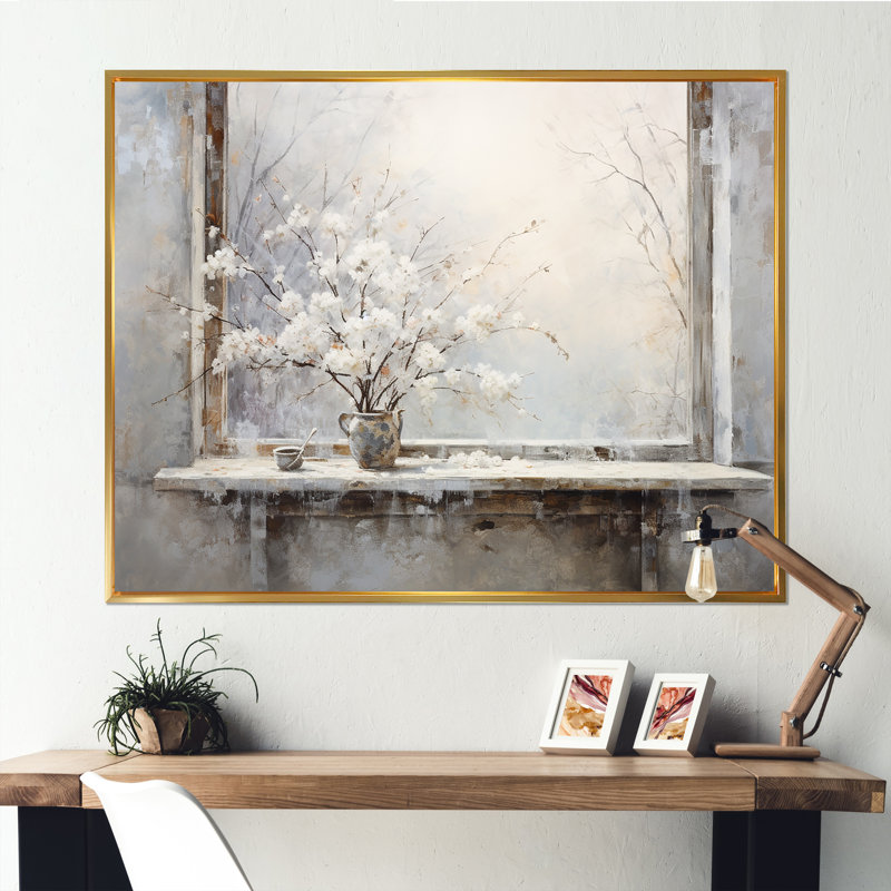 Neige près de l'hiver, vue de fenêtre 1 - Japon, art mural, H 16 po x l 32 po x P 1 po, Cadre flottant doré