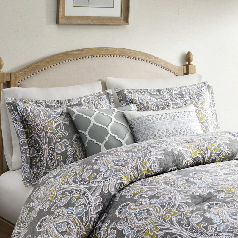 Édredon 6 pièces en coton gris - Motif hypnotisant avec des éléments bleus et jaunes, comprenant un édredon, une jupe de lit, des taies décoratives et des coussins décoratifs Fer à repasser pour éliminer les plis