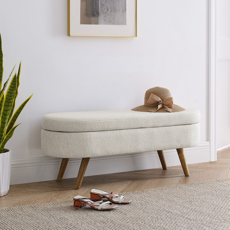 Caisyn Linen Upholstered Storage Bench, Beige, Walnut