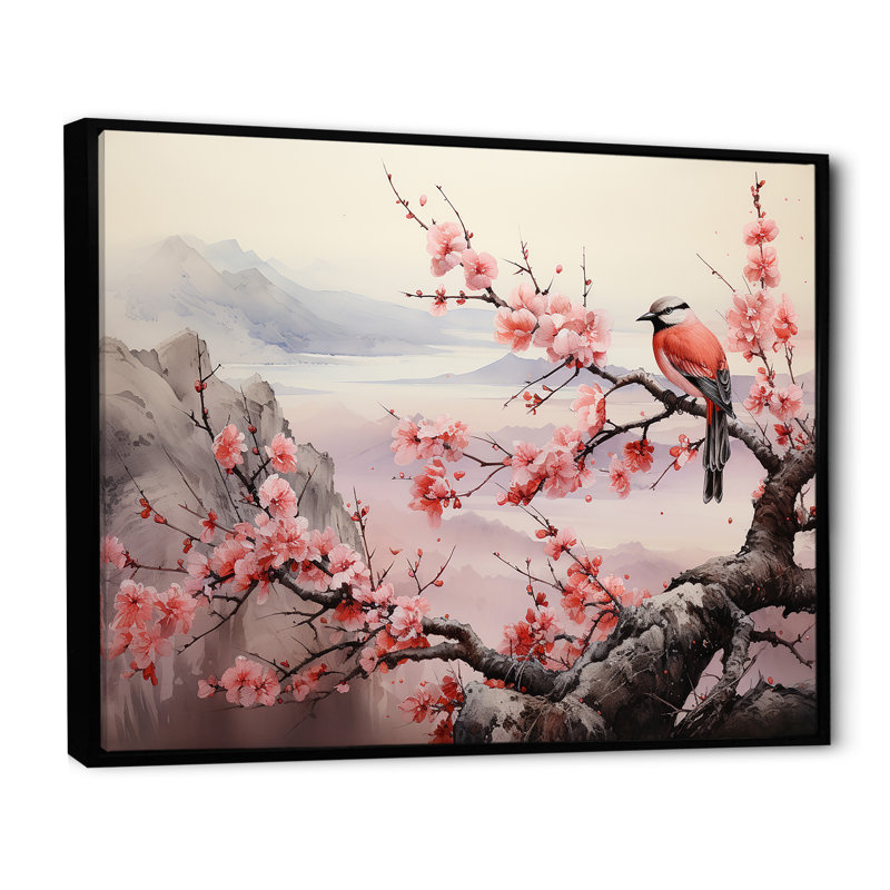 Oiseaux roses et bleus sur un arbre en fleurs de cerisier I - oiseau, art mural, Cadre flottant noir