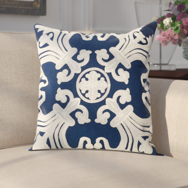 Embroidered Cotton Reversible Throw Pillow, Square 22", Navy/Blue