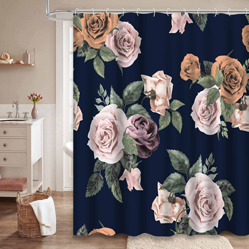 Rideau de douche imperméable à l'eau avec aquarelle florale et rose foncé avec 12 crochets, L 72 po x l 78 po