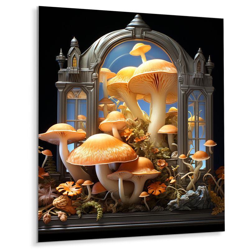 Champignon jaune fantaisie - Art mural en métal champignon, H 40 po x l 30 po x P 1,5 po
