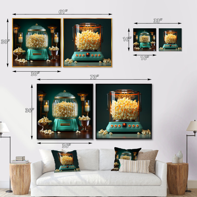 Éclat rétro Popcorn Embrace - ensemble de collage popcorn carré de 2, Cadre flottant noir, H 16 po x l 33 po