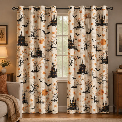 Lot de 2 rideaux occultants à œillets imprimés de chauves-souris et de château pour l'Halloween, motif maison hantée, arbre et lune, réduction du bruit et protection de l'intimité, décoration pour chambre, salon, dortoir ou maison.