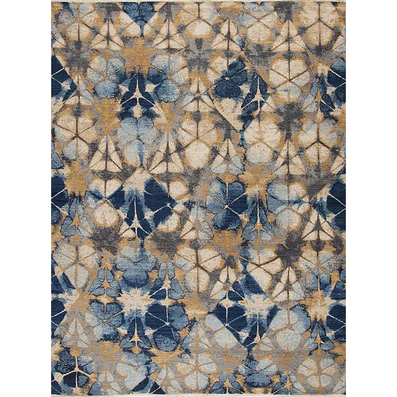 Shibori Hand Knotted Wool Area Rug in Gold/Blue/Ivory/Gray, Rectangle 6' x 9'