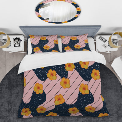 Ensemble de housse de couette à rayures florales bleues et roses - Polyester en microfibre