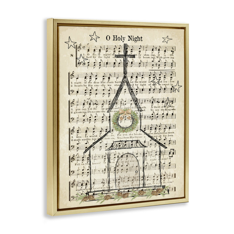 «Festive Sainte Night», écriture musicale sur toile à grain brun encadrée par Andi Metz, H 31 po x l 25 po