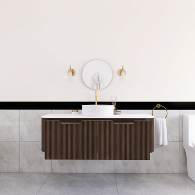 48 po Meuble-lavabo mural simple en noyer foncé flottant avec plateau en marbre artificiel