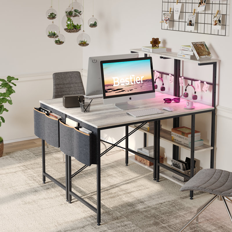 Monike 44'' W Computer Desk With Led Lights & Reversible Storage Shelves,Home Office Desk With Hooks, CPU Stand,Cup Holder and Cloud Magnets.