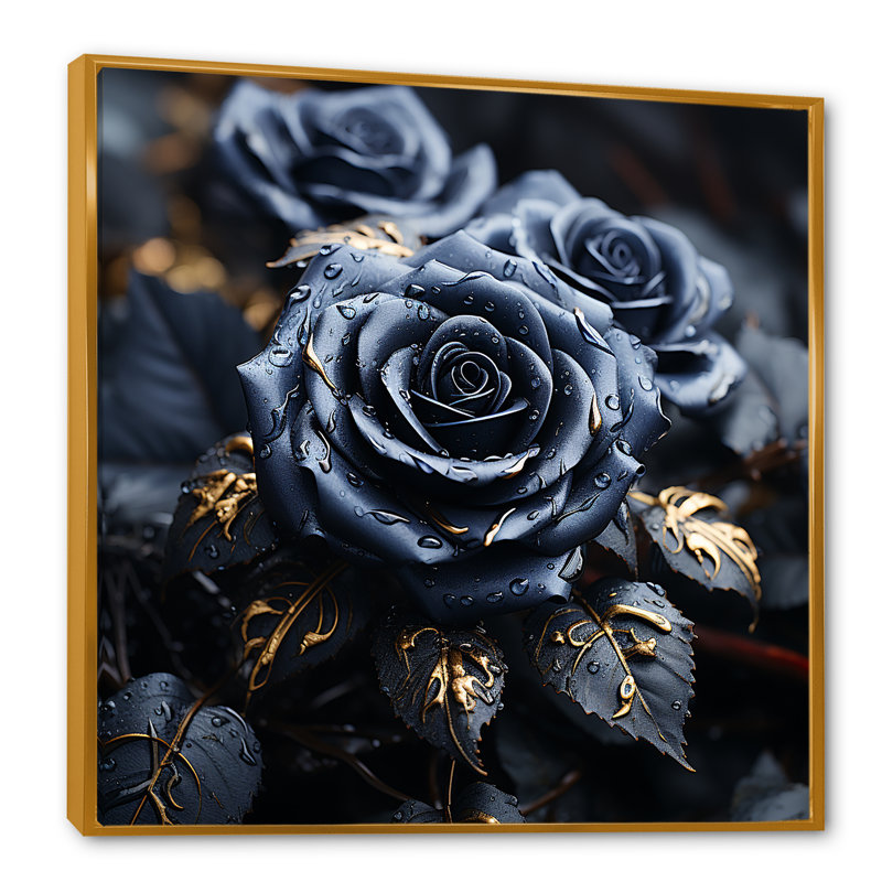 Midnight Black Roses Bouqet II - Roses, art mural, Cadre flottant doré, H 16 po x l 16 po x P 1 po