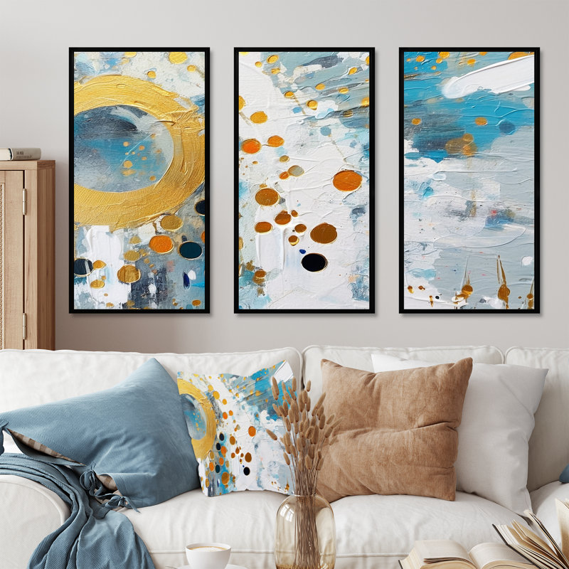 Combat d'art abstrait bleu sarcelle et abstrait - formes abstraites, H 28 po x l 36 po x P 1 po, Cadre flottant noir