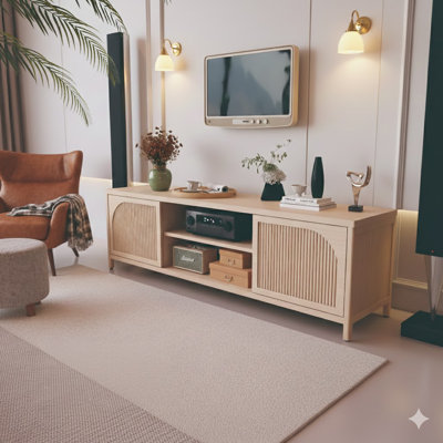 Bamboo TV Stand Storage Cabinet with Wide Tabletop Open Shelves Magnetic Doors for Living Room or Bathroom Organization