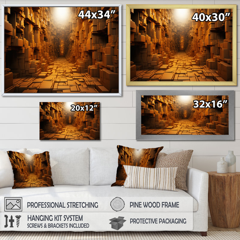 " Yellow Geometric Tunnel I ", Gold Single Picture Framed, 34" H x 44" W x 1.5" D
