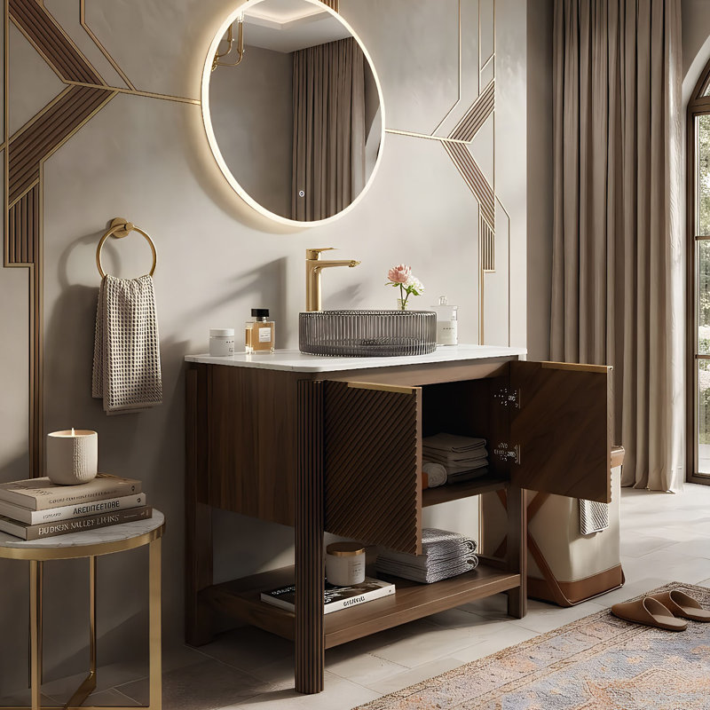 Meuble-lavabo moderne cannelé de 30 po avec plateau en pierre frittée, vasque interchangeable, portes en bois massif et tablette ouverte (noyer)