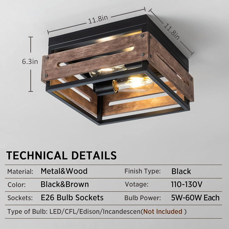 2-Light Flush Mount Ceiling Light Fixture Rustic Ceiling Light With Metal And Wood Farmhouse Light Fixture
