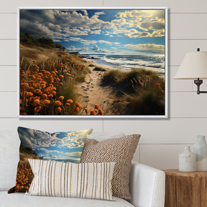 Superbe paysage côtier III sur toile, Cadre flottant blanc, H 16 po x l 32 po x P 1 po