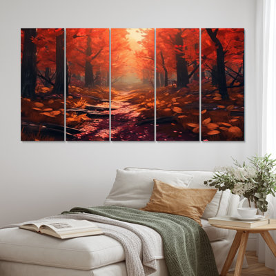 Warm Autumn Sunlight Shining In The Forest II - Forest Wall Art Living Room - 5 Equal Panels