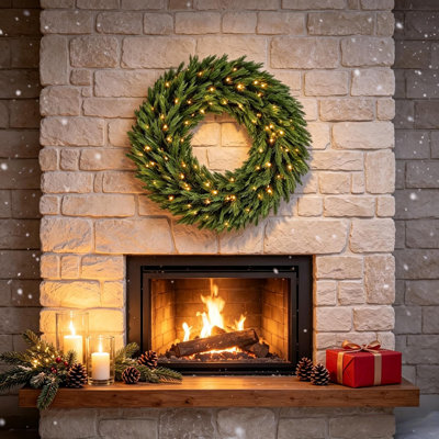 Couronne de Noël en épicéa norvégien pré-illuminée avec lumières DEL, décoration de porte d'entrée pour les fêtes