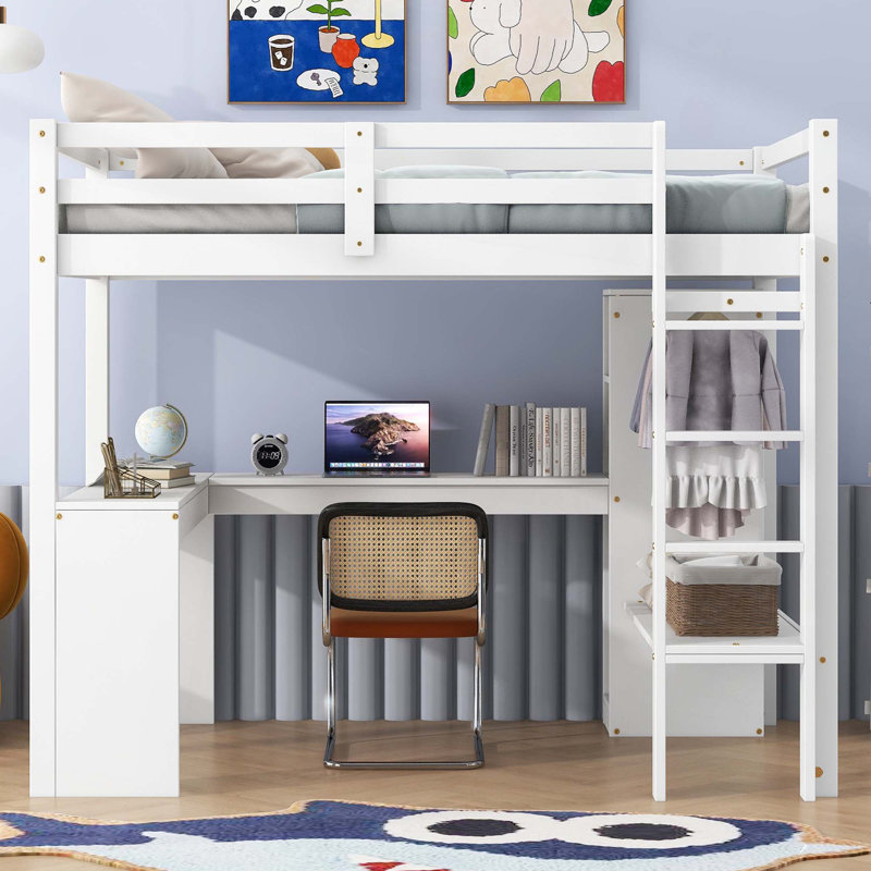 Lit mezzanine avec bureau en L, garde-robe et tablettes de rangement, Lit simple, Blanc
