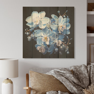 Blue Minimalism Orchid Blossoms In Delicate Abstraction I - Orchids Wood Art On Natural Pine Wood
