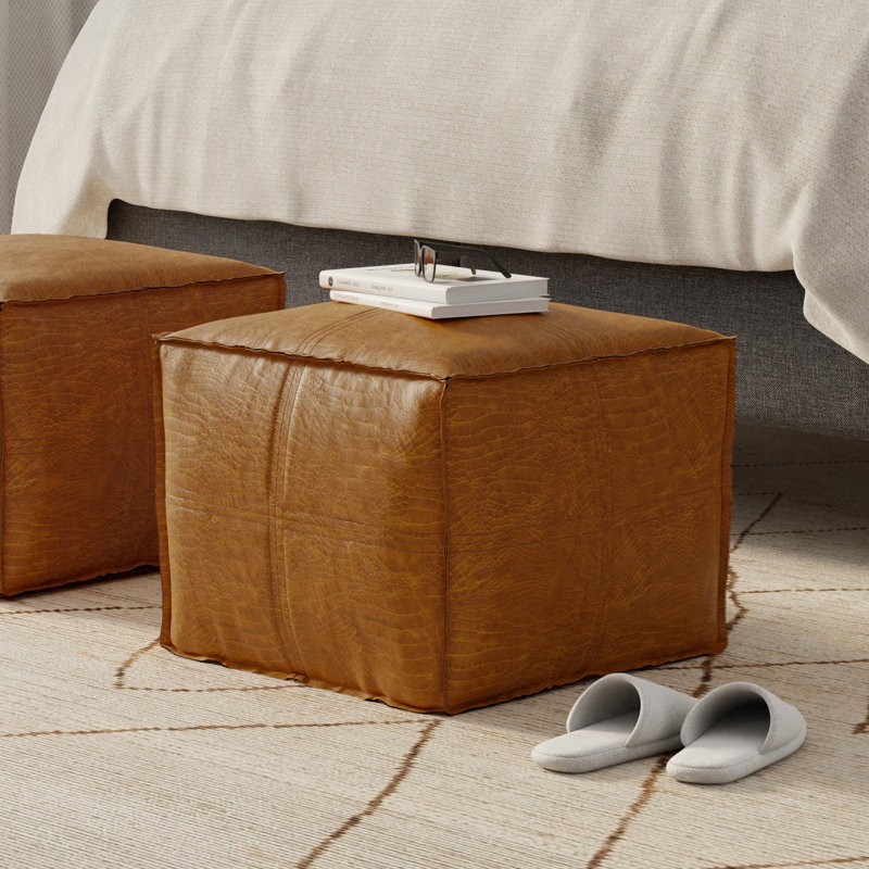 Brody 18"W Upholstered Genuine Leather Square Pouf, Tan