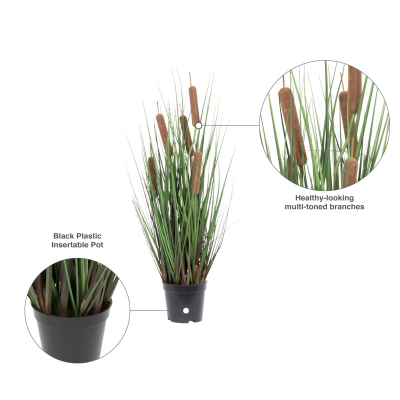 Herbe droite verte et quenouilles artificielles en pot., H 24 po x l 12 po x P 12 po