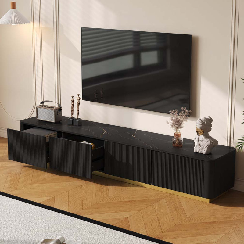 TV Stand for TVs Up to 85", Faux Marble Tabletop Media Console with 4 Drawers, Black