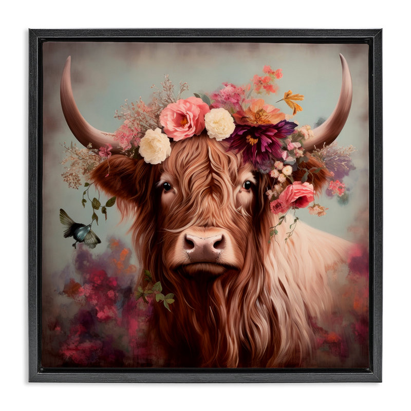 «Longhorn & Flower Garland», art mural encadré par Irena Orlov, H 25 po x l 25 po, Cadre flottant noir de jais