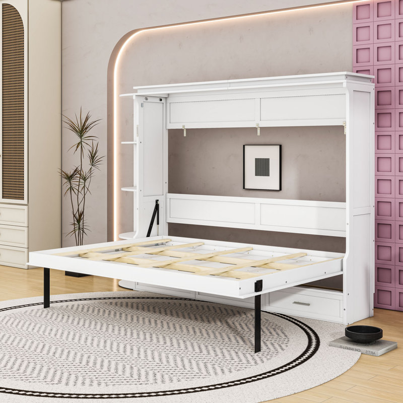 Lit escamotable avec tablettes et 3 tiroirs Murphy, Full, Blanc
